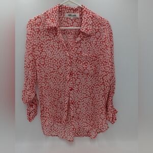 Diane von Furstenberg Red Floral Blouse Sheer Button Down 6 Romantic Feminine